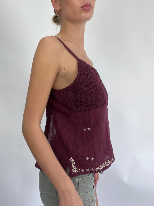 COASTAL COWGIRL DROP | large purple crochet cami with floral embroidery