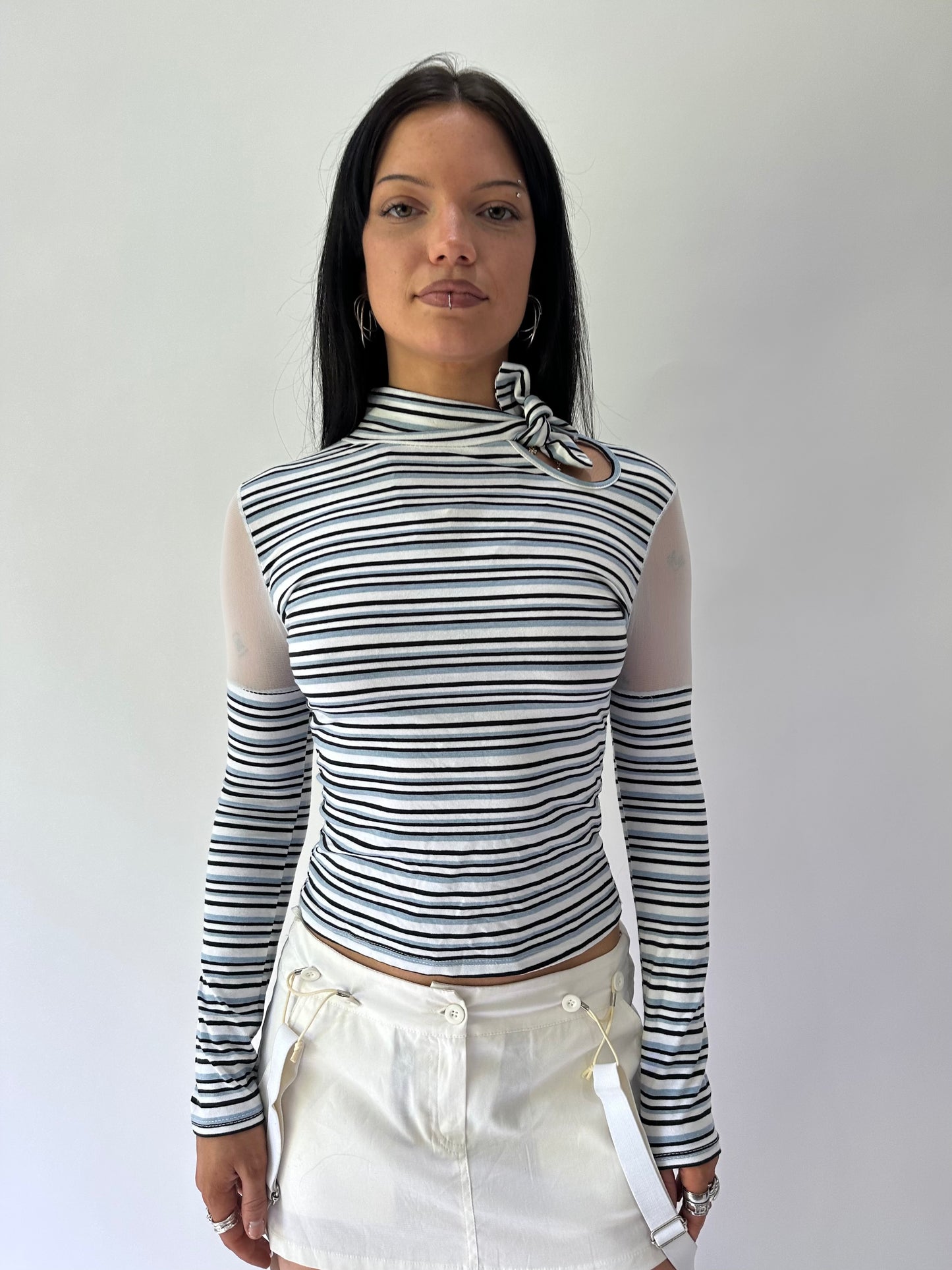 sailor drop | small blue striped high neck mesh long sleeve top