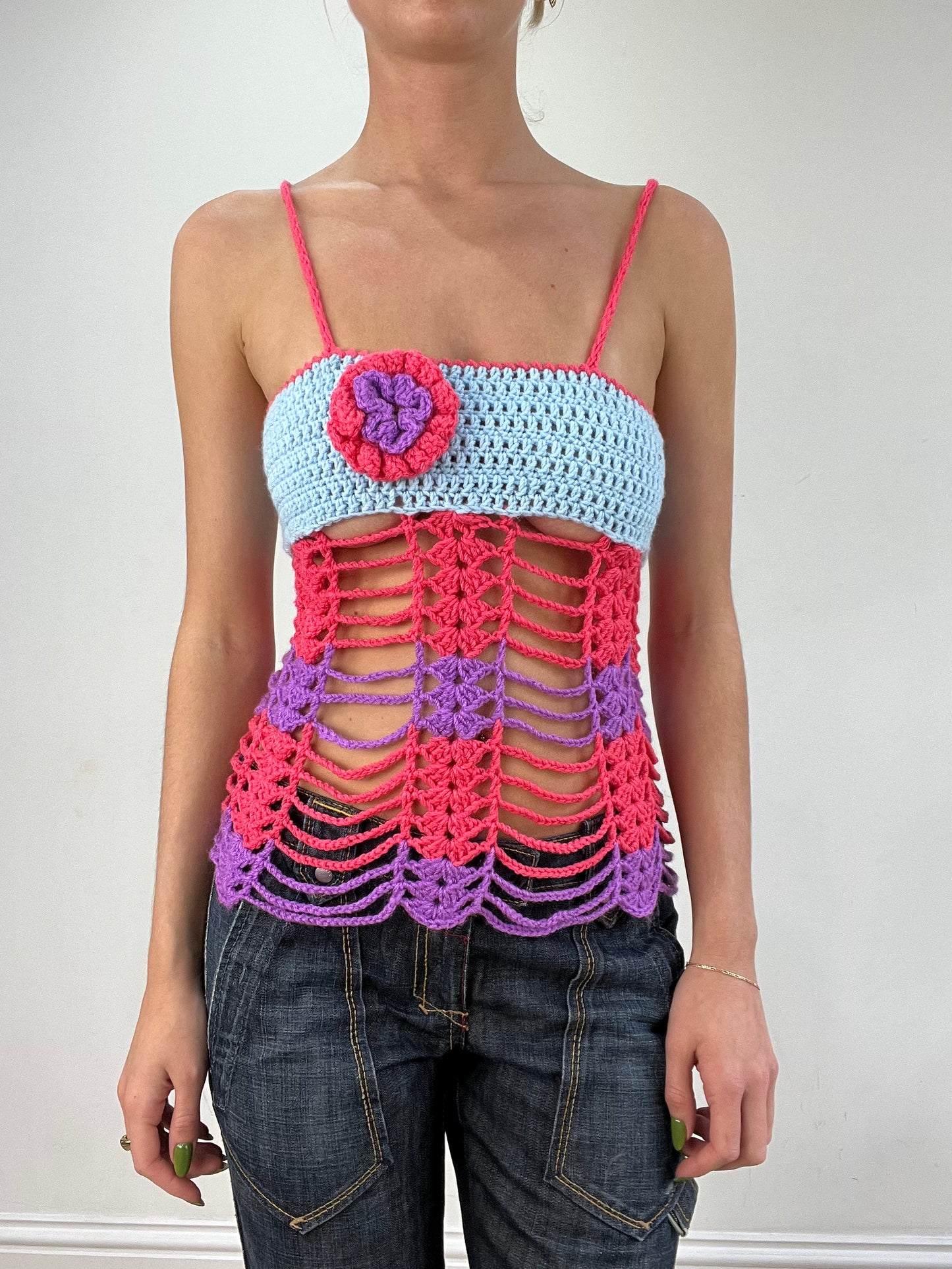 vintage edit seventeen | small pink and blue crochet cami