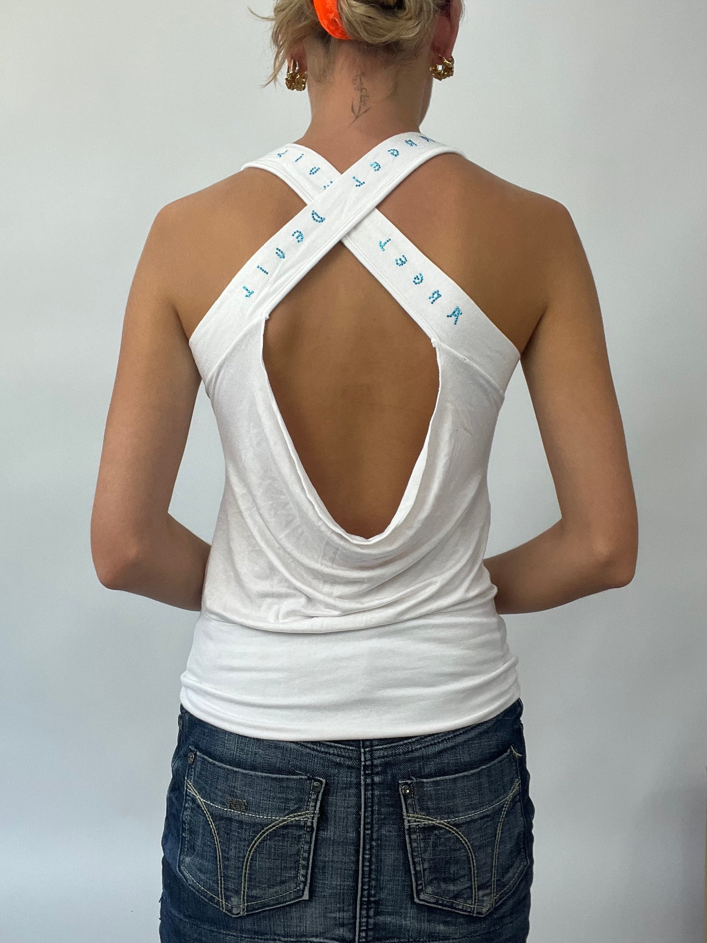 BRAT GIRL SUMMER DROP | small white halterneck cross back top with diamantés