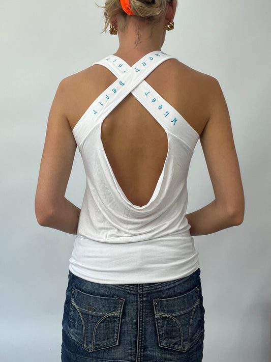 BRAT GIRL SUMMER DROP | small white halterneck cross back top with diamantés