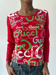summermaxxing drop | small red gucci logo print long sleeve top