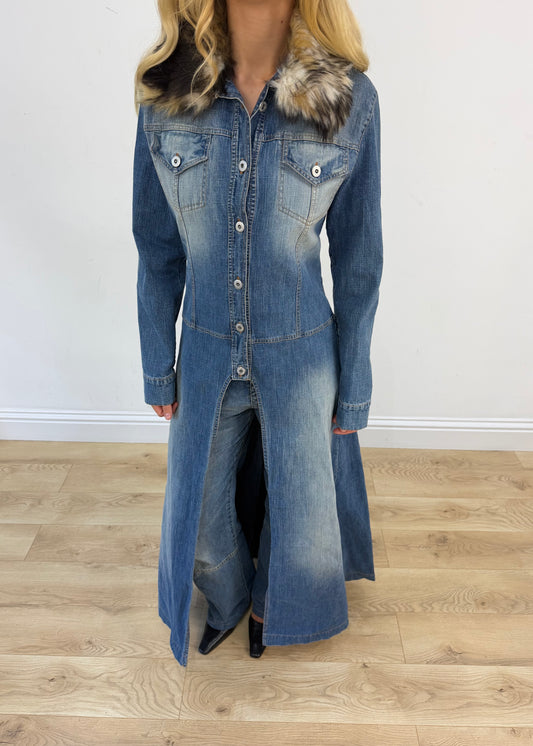 medium denim coat with faux fur collar