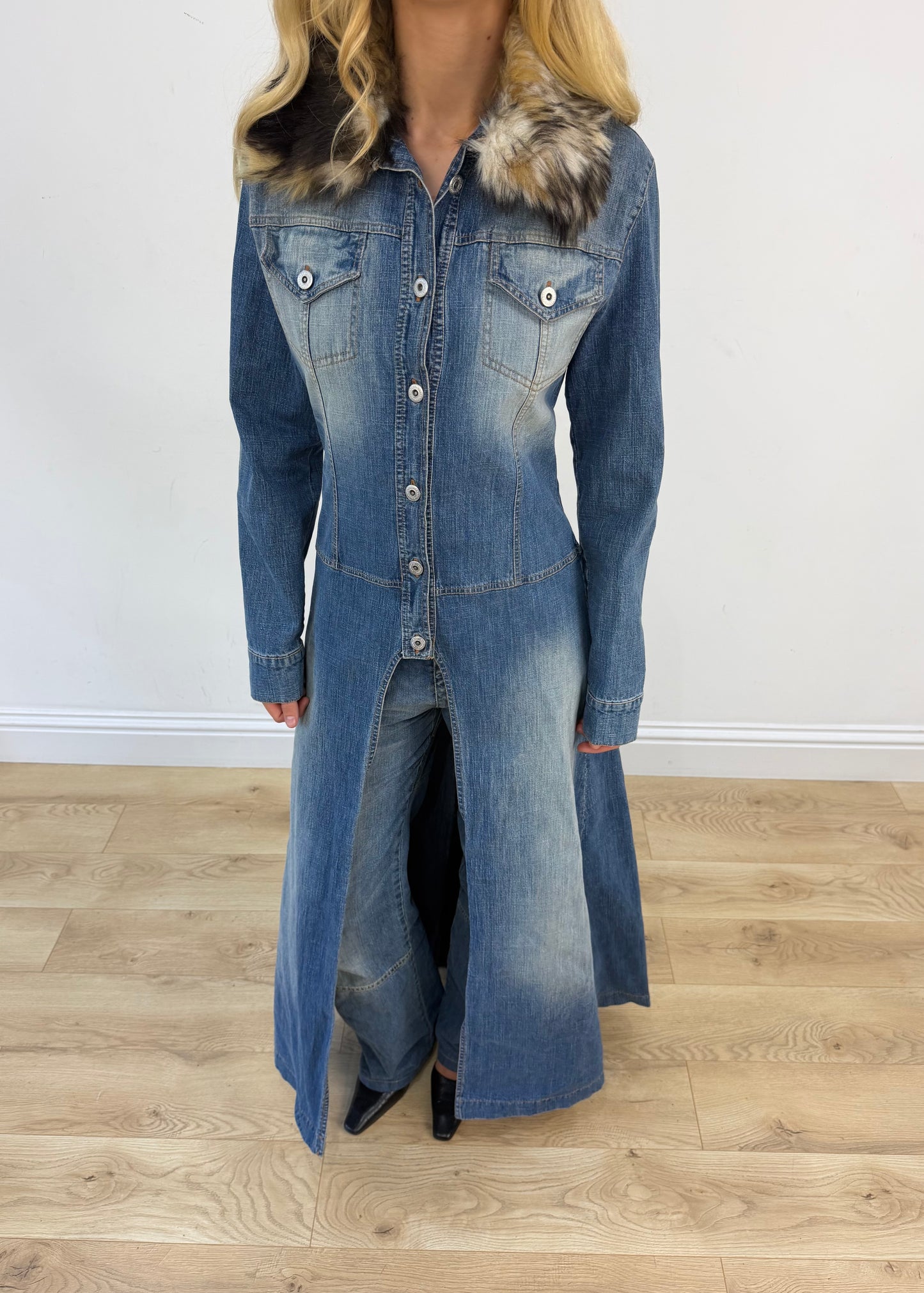 medium denim coat with faux fur collar