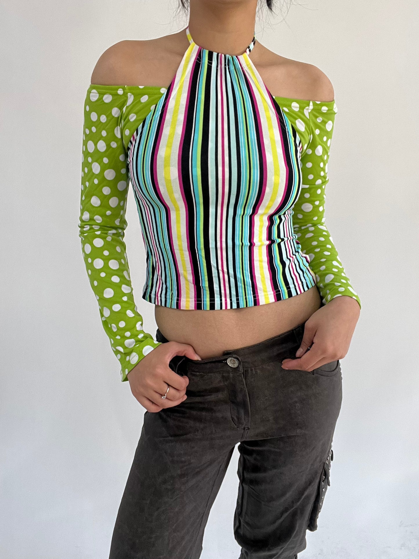 ‼️ | small green polka dot striped long sleeve top