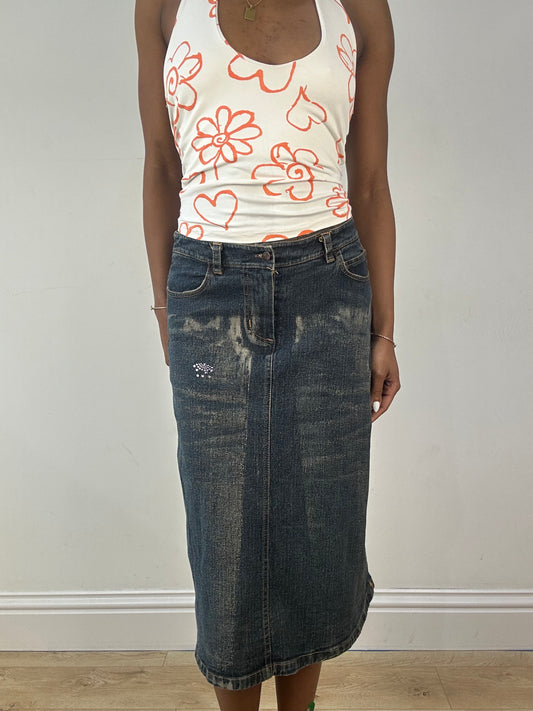 vintage edit eighteen | small blue denim midi skirt with diamantés