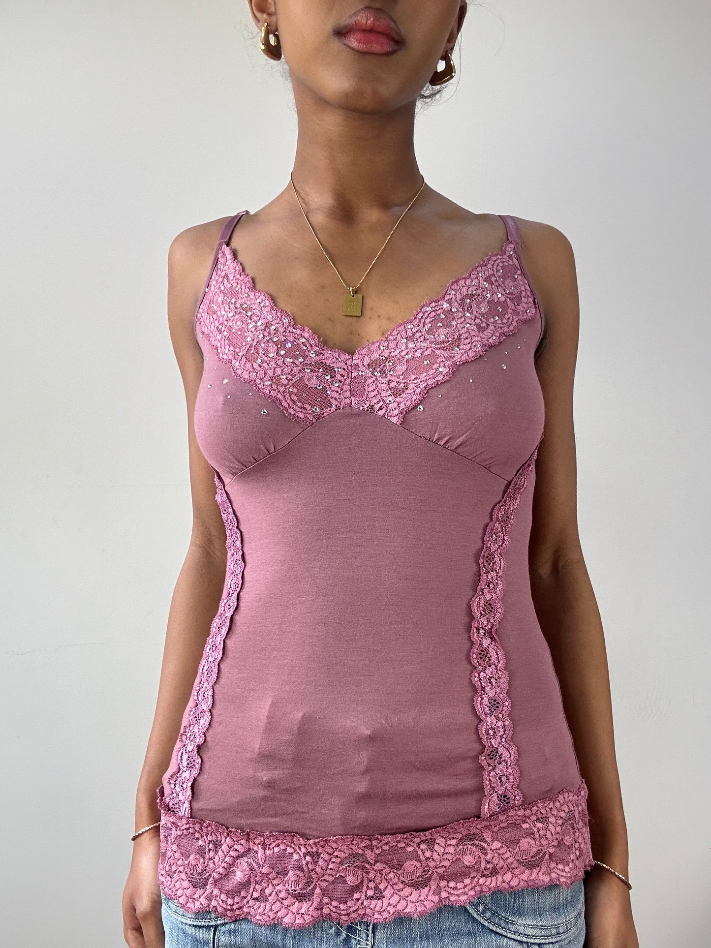 vintage edit fifteen | small pink lace cami top with rhinestones