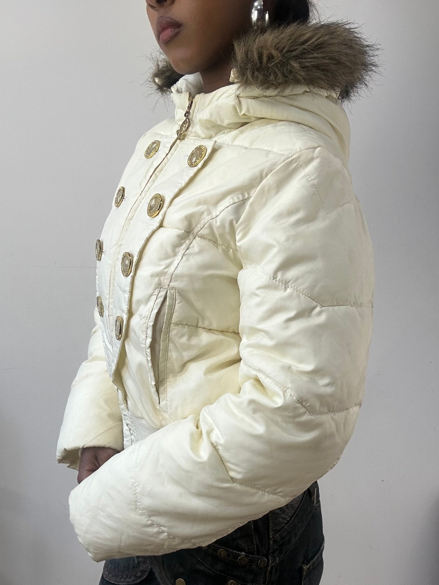 AUTUMN EDIT | small cream baby phat puffer jacket with gold button detail