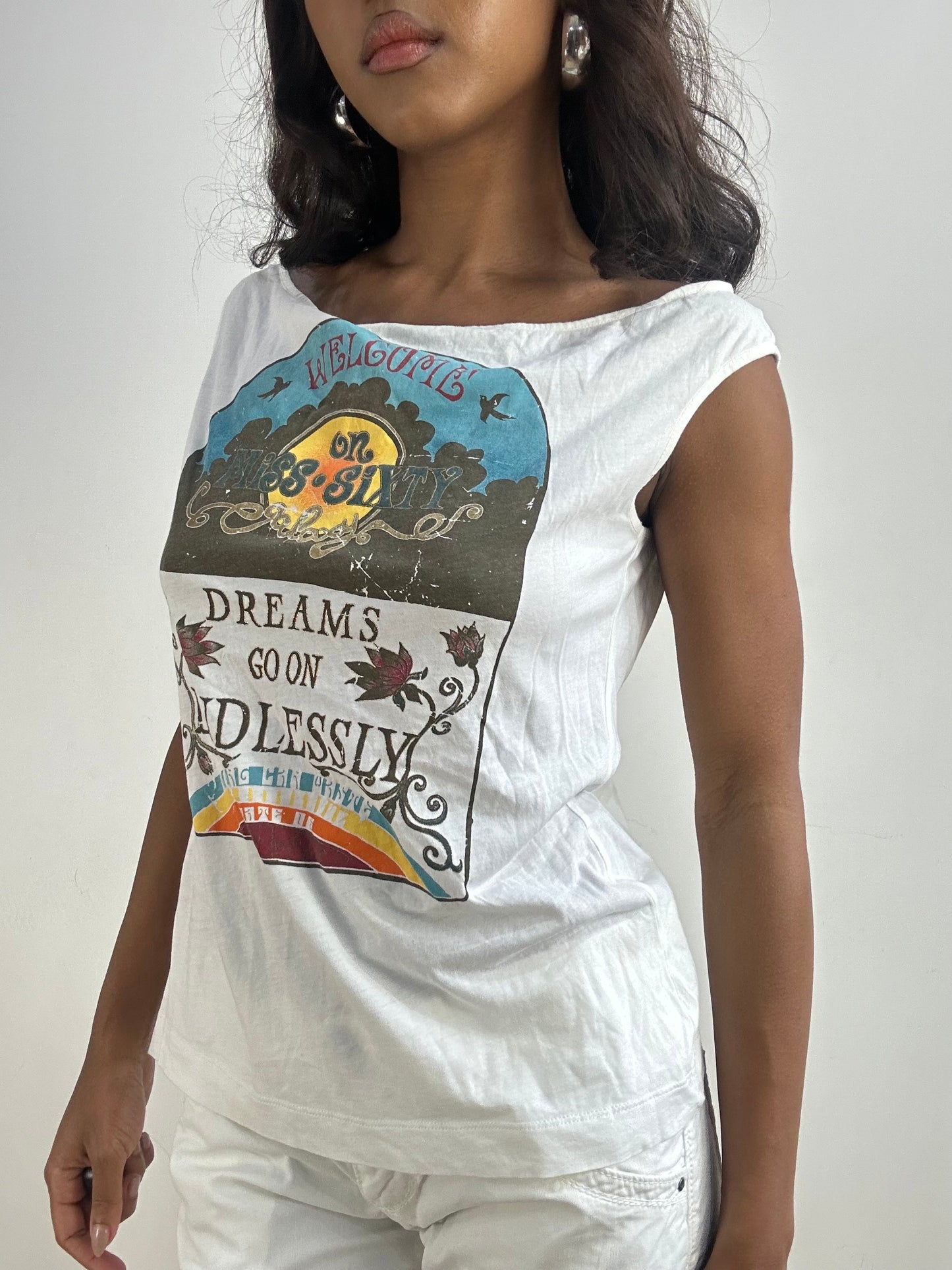 BEST PICKS | small white miss sixty graphic top with cutout back