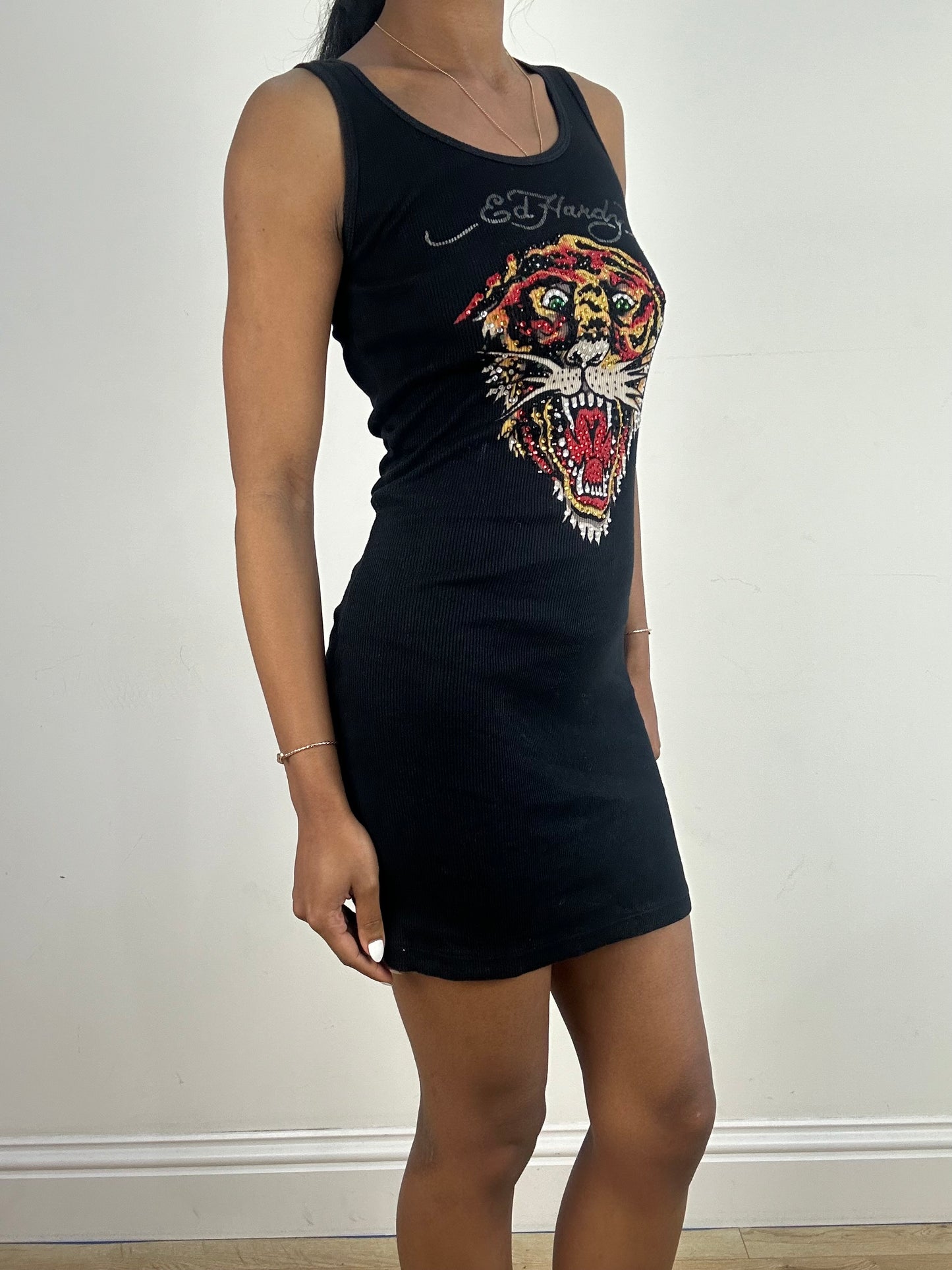 vintage edit eighteen | small black ed hardy diamanté tiger print dress