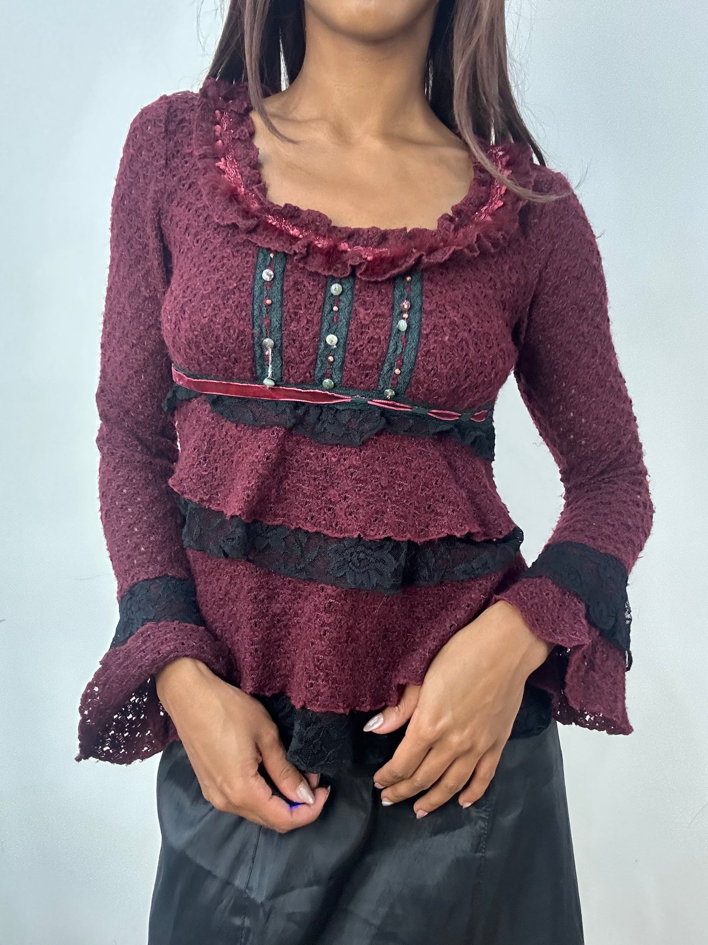 BEST PICKS | small burgundy knit top with rhinestone details
