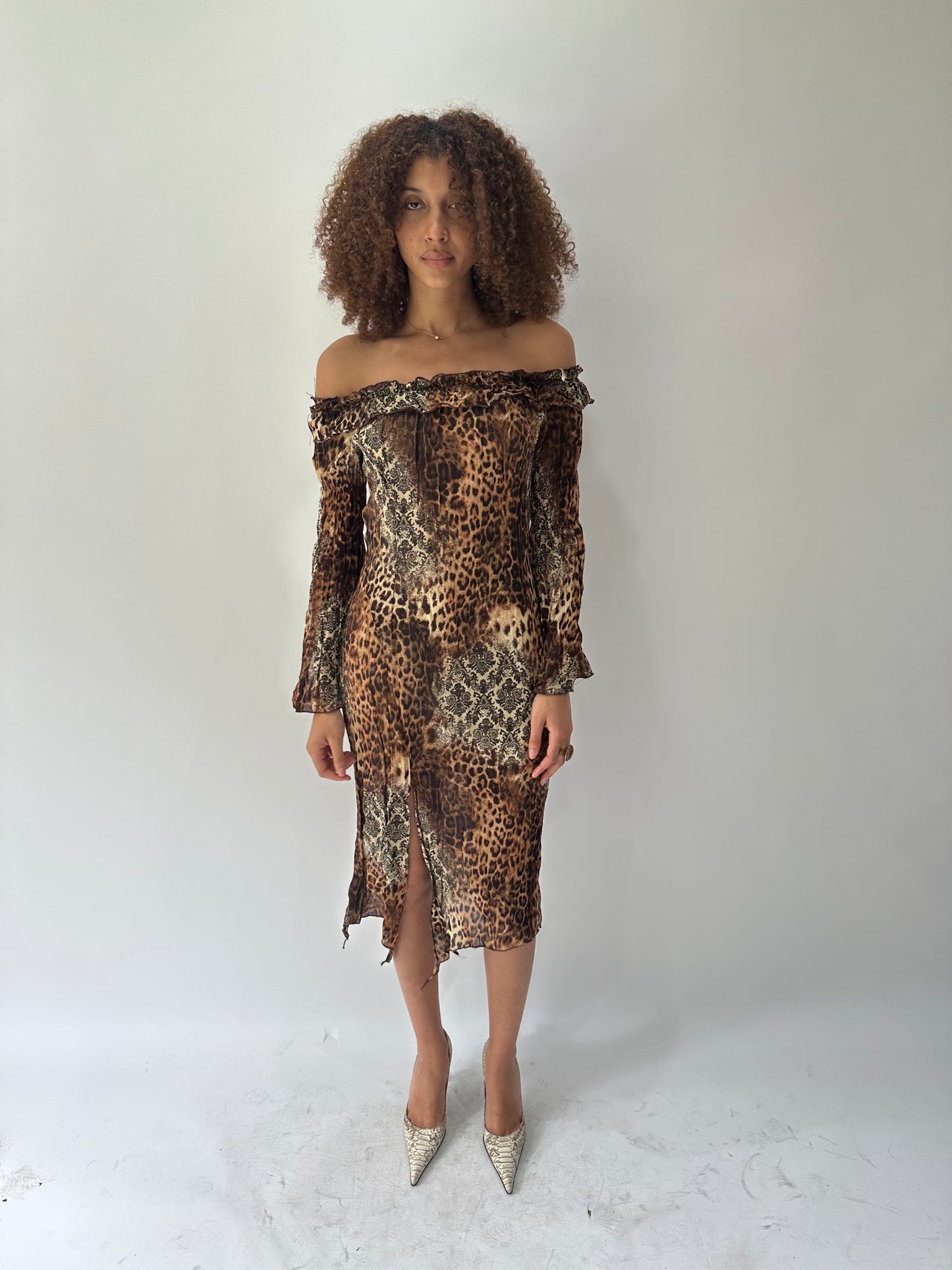 festival drop | medium brown leopard print ruffle midi dress