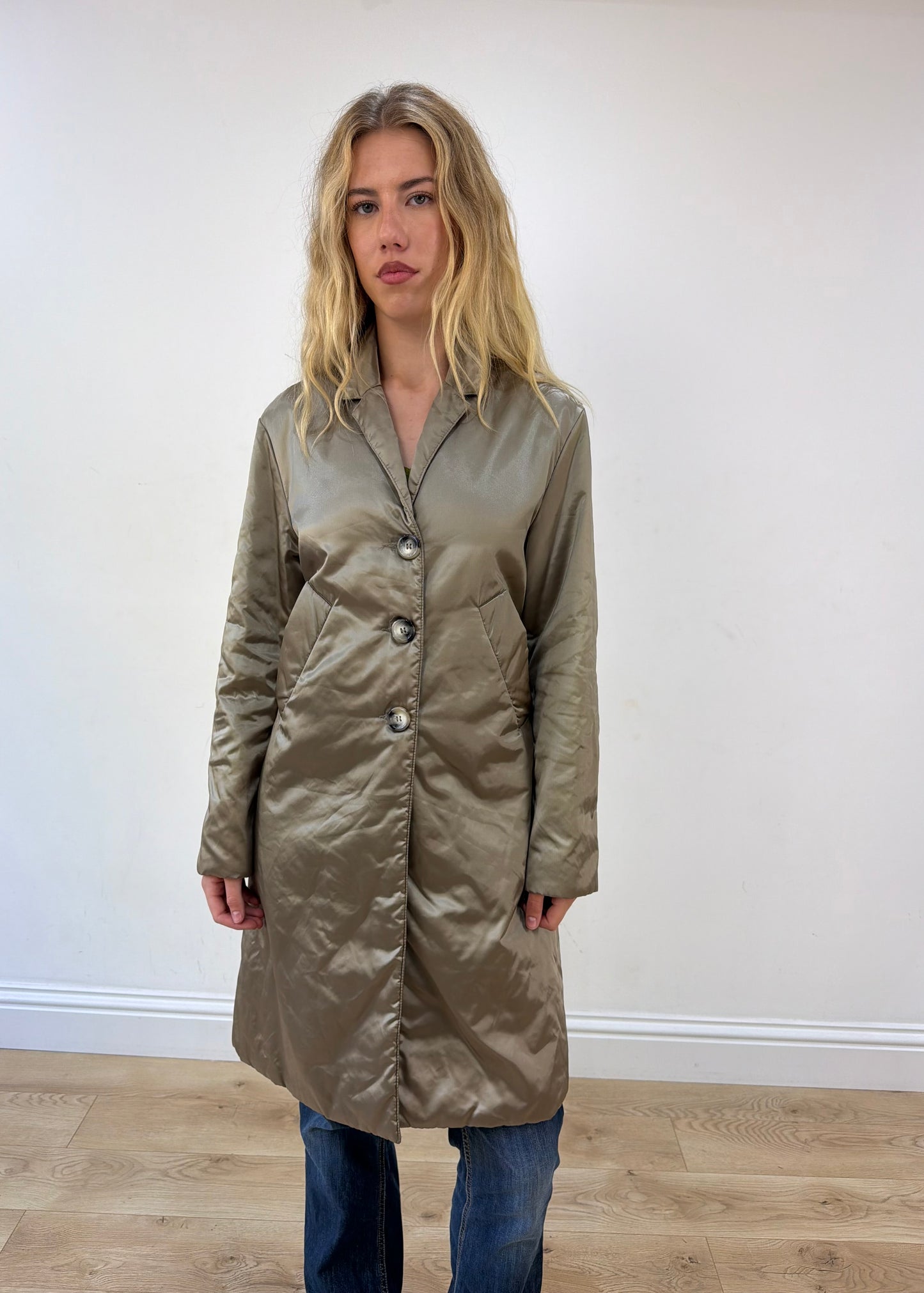medium gold silky trench coat