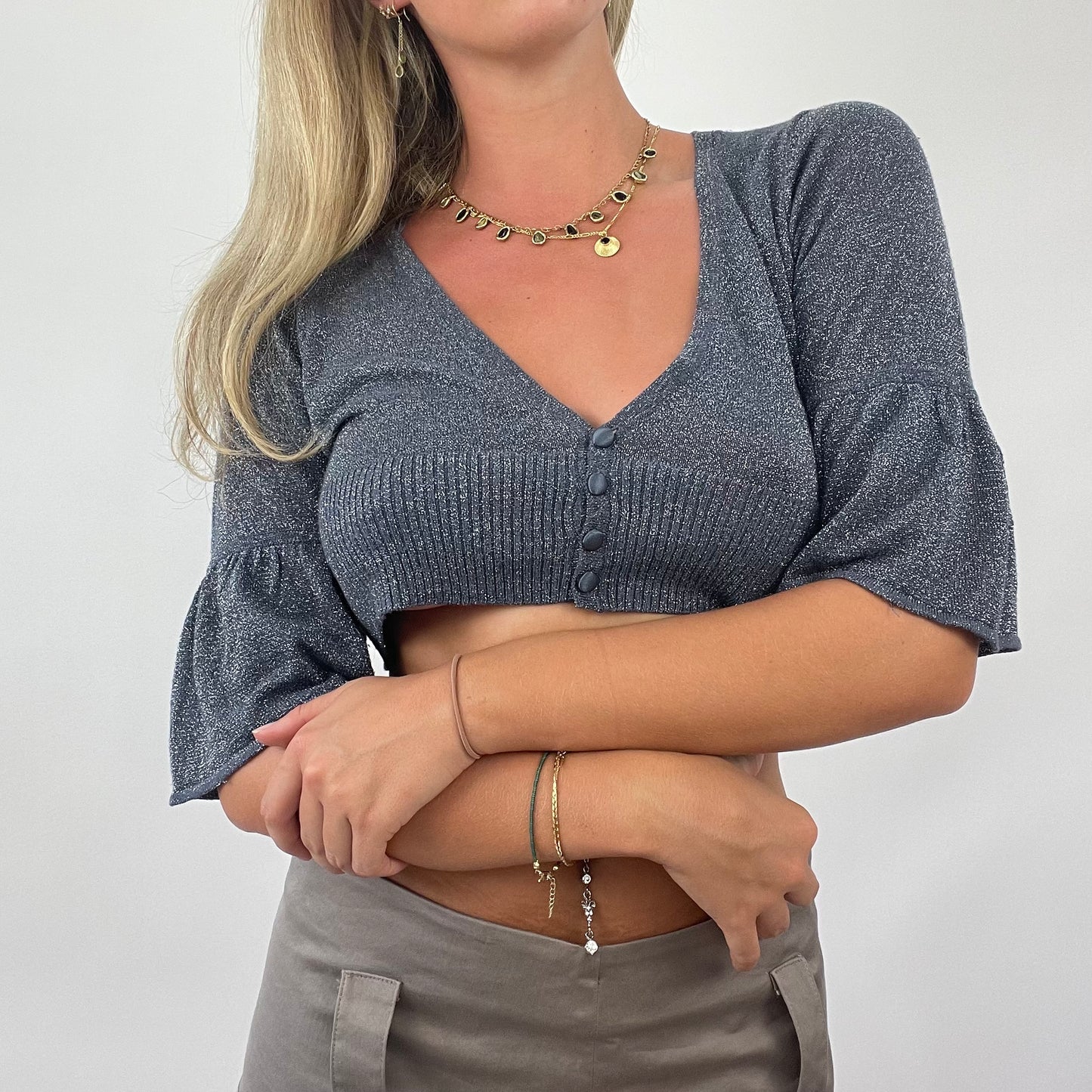 💚 💻 OLIVIA RODRIGO DROP | small bay grey sparkly cardigan crop top