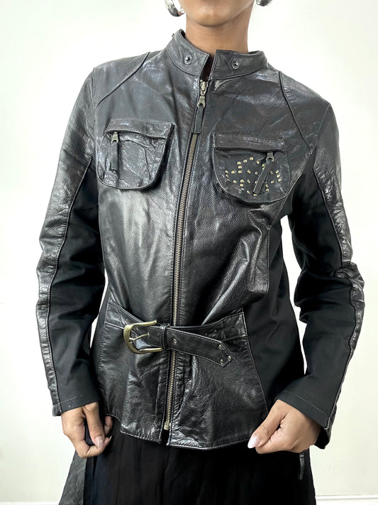 vintage edit: indie sleaze | medium black faux leather belted jacket