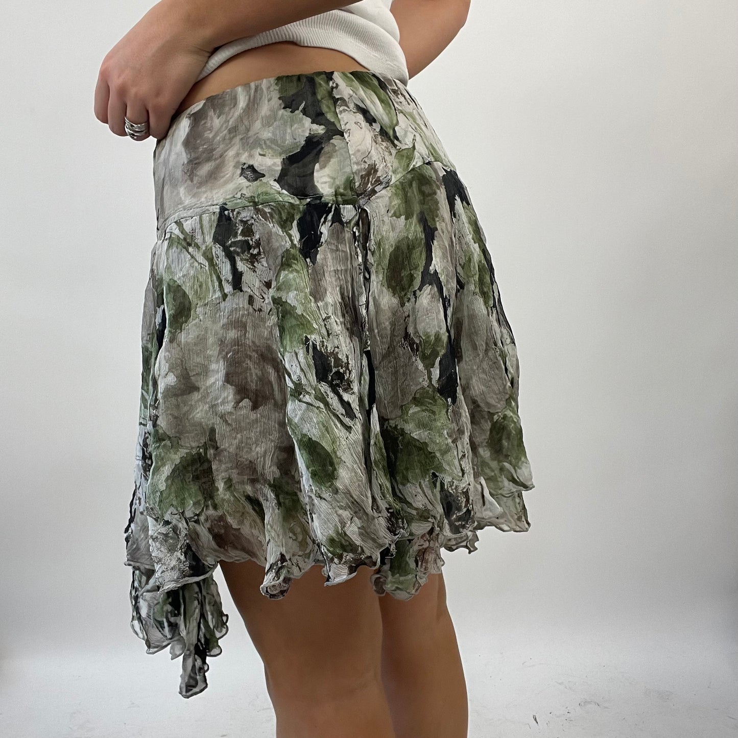 FUTURECORE DROP | small grey/green floral mesh asymmetric skirt