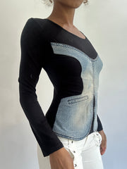 olivia rodrigo drop | taille: S · couleur: noir · matière: denim · article: haut · détails: manches longues + empiècements
