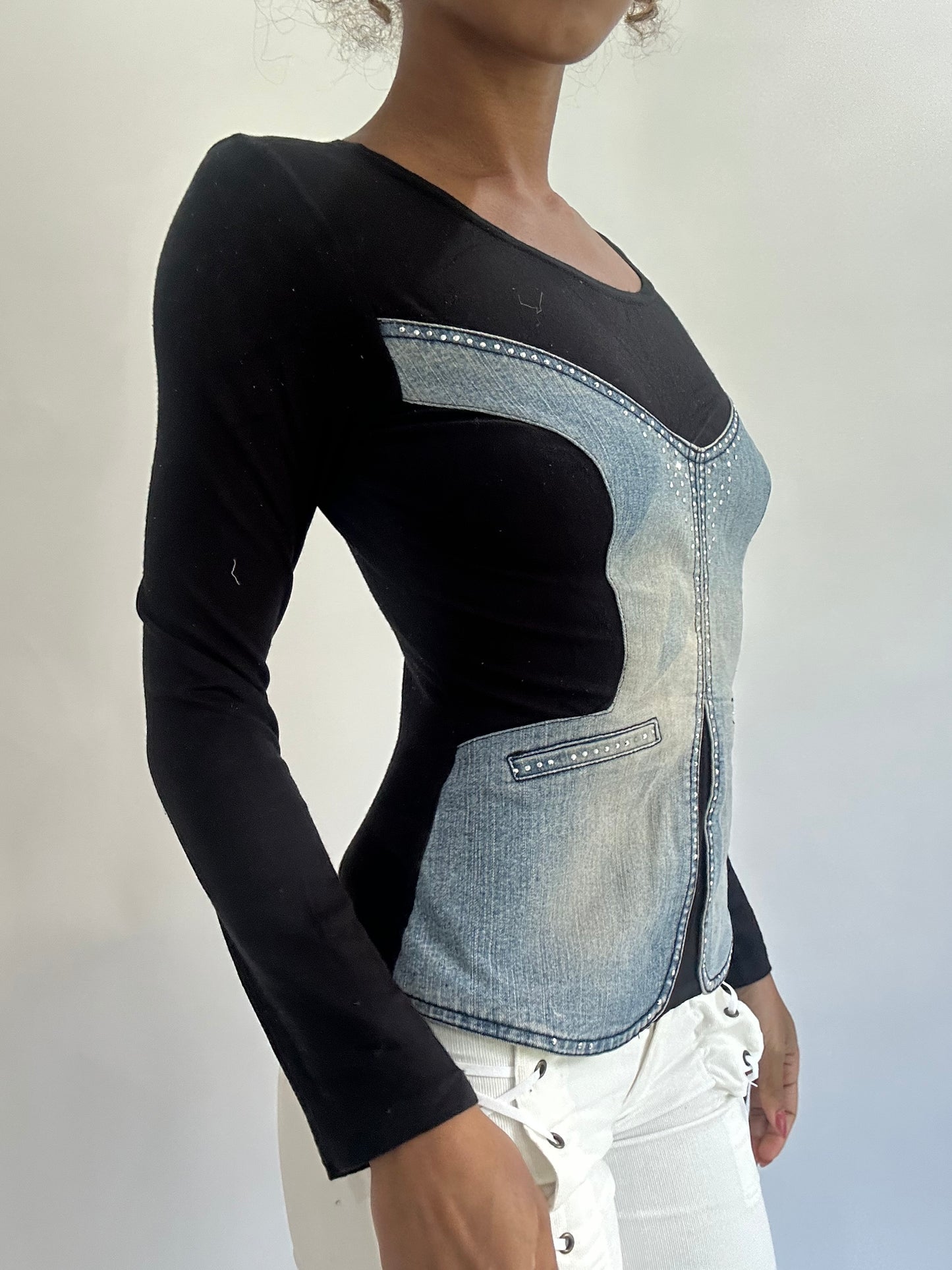 olivia rodrigo drop | small black long sleeve top with denim panelling