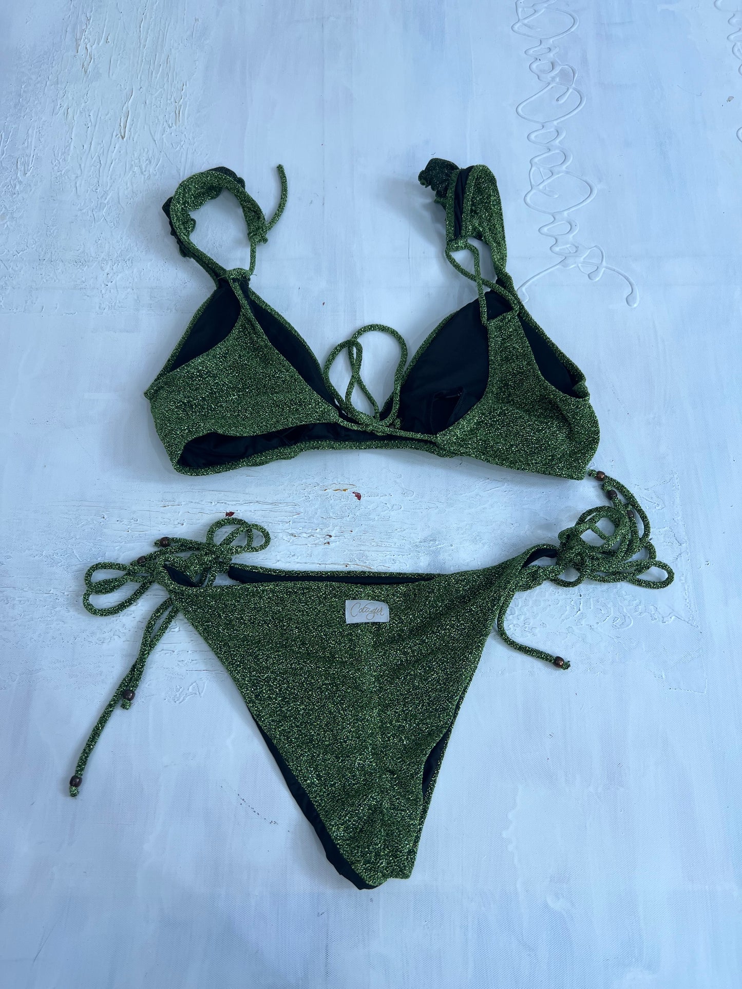 vintage edit thirty | medium green and gold sparkly bikini set