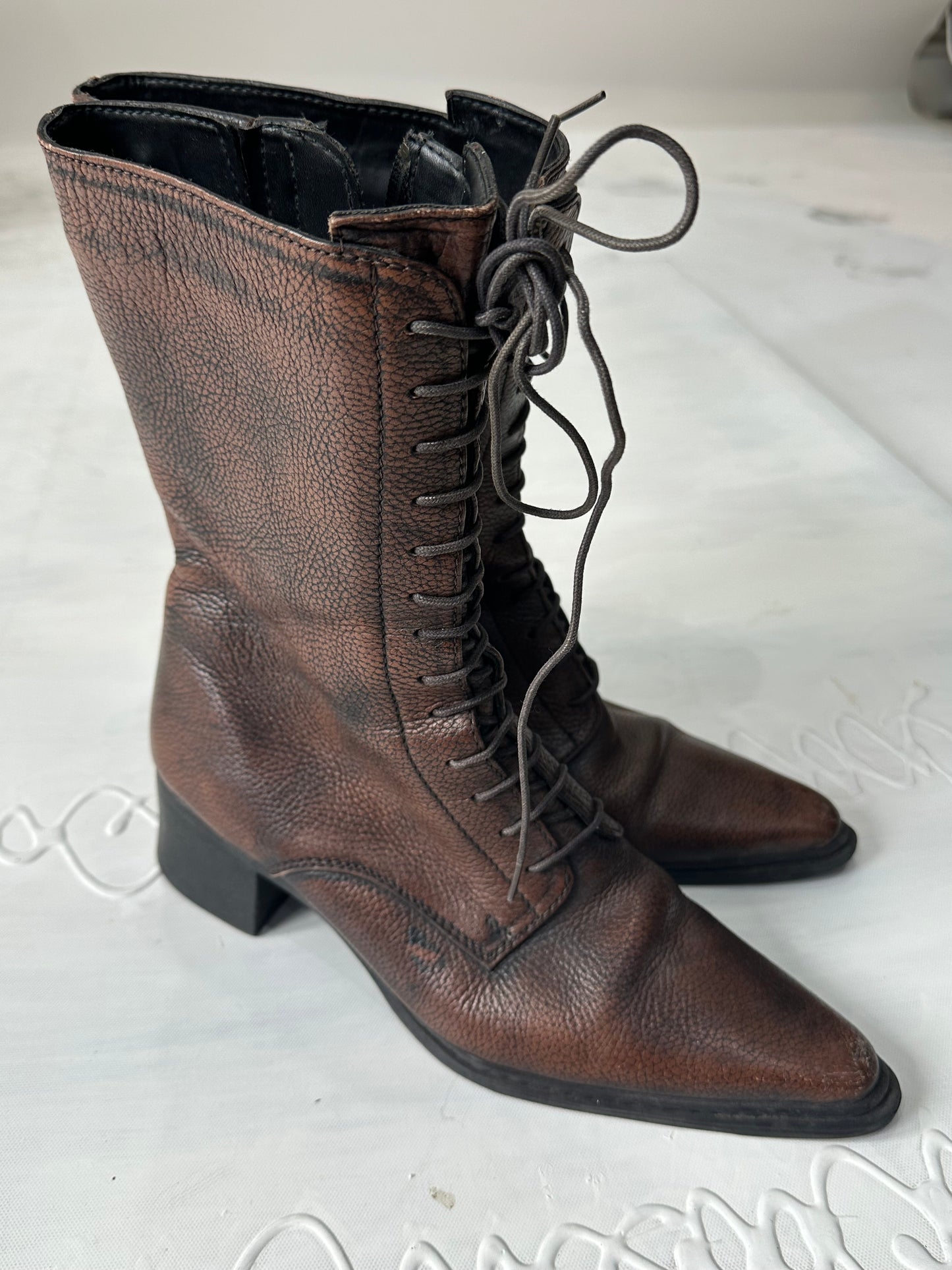 vintage edit thirty-two | brown faux leather heeled lace up boots