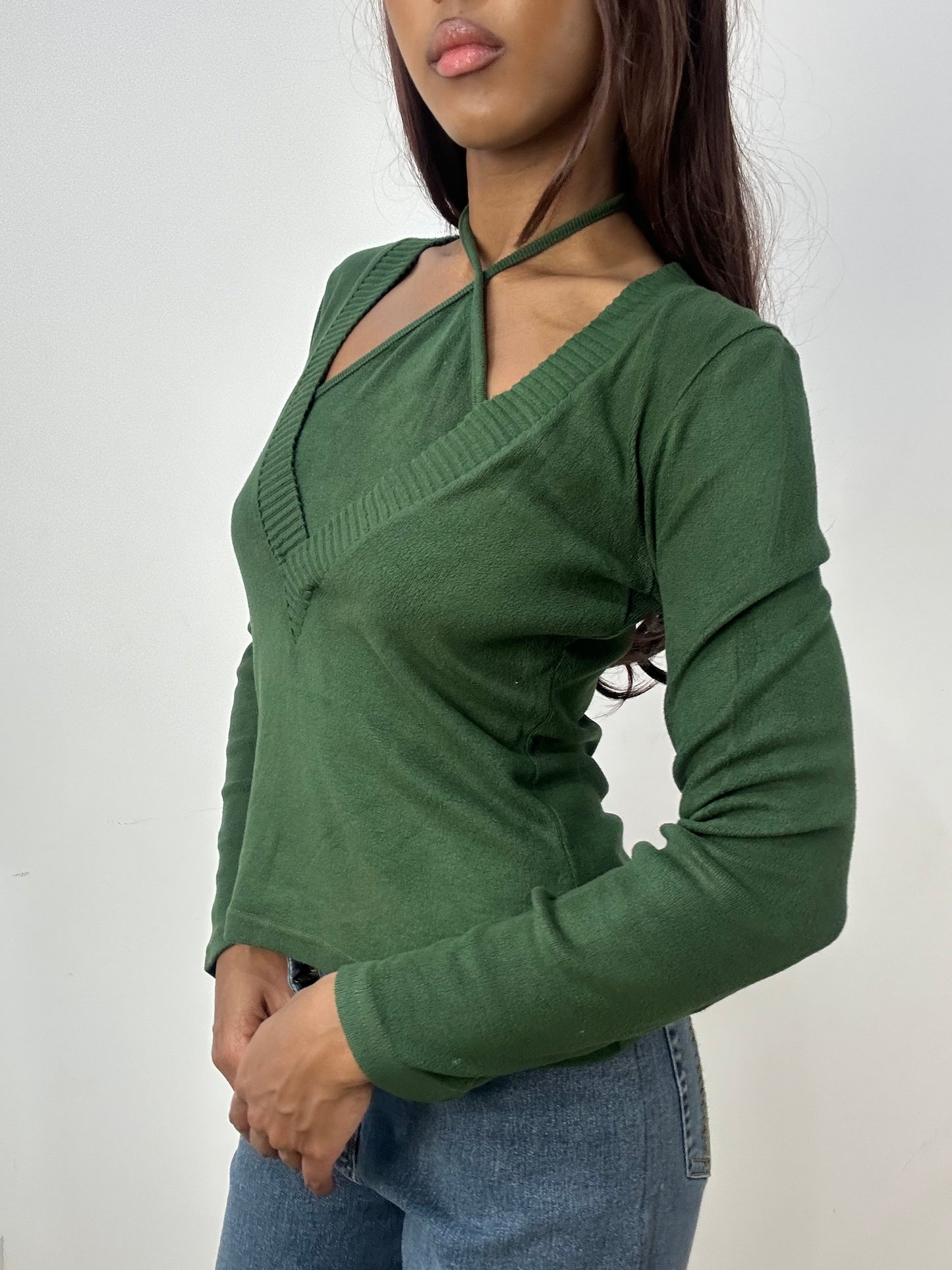 vintage edit thirty-three | small green knit jumper with halterneck detail