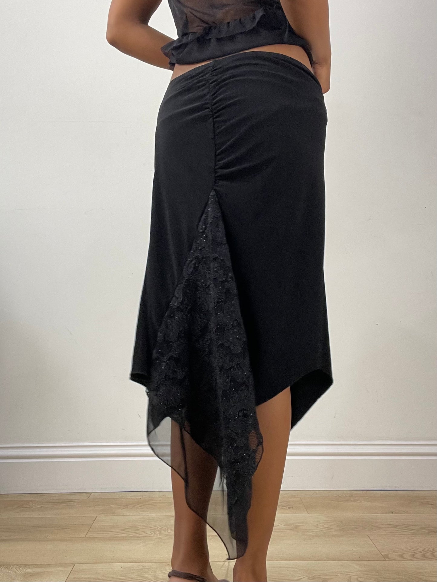 vintage edit: halloween | small black asymmetric midi skirt with lace detail