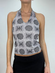 💚 BEST PICKS | small black and white checkered circle print halter-neck