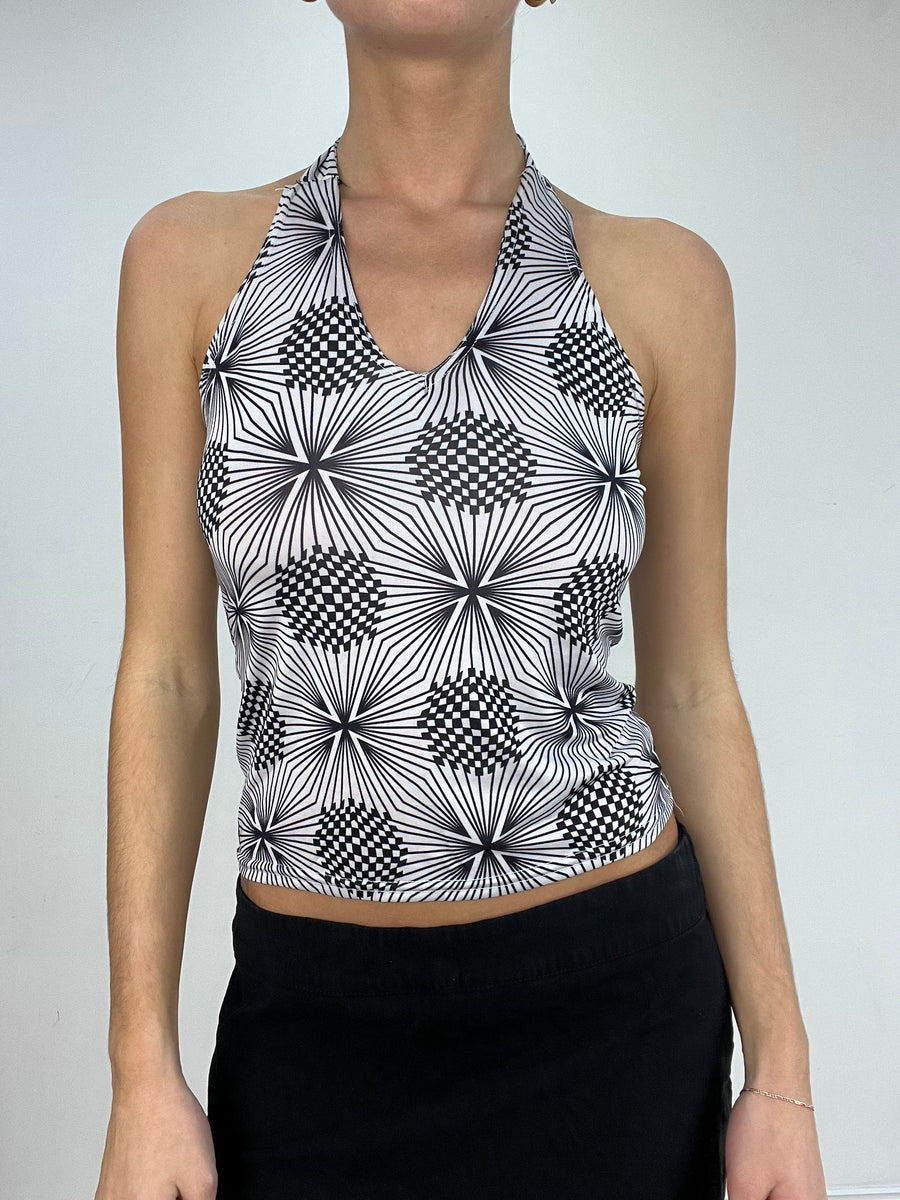💚 BEST PICKS | small black and white checkered circle print halter-neck