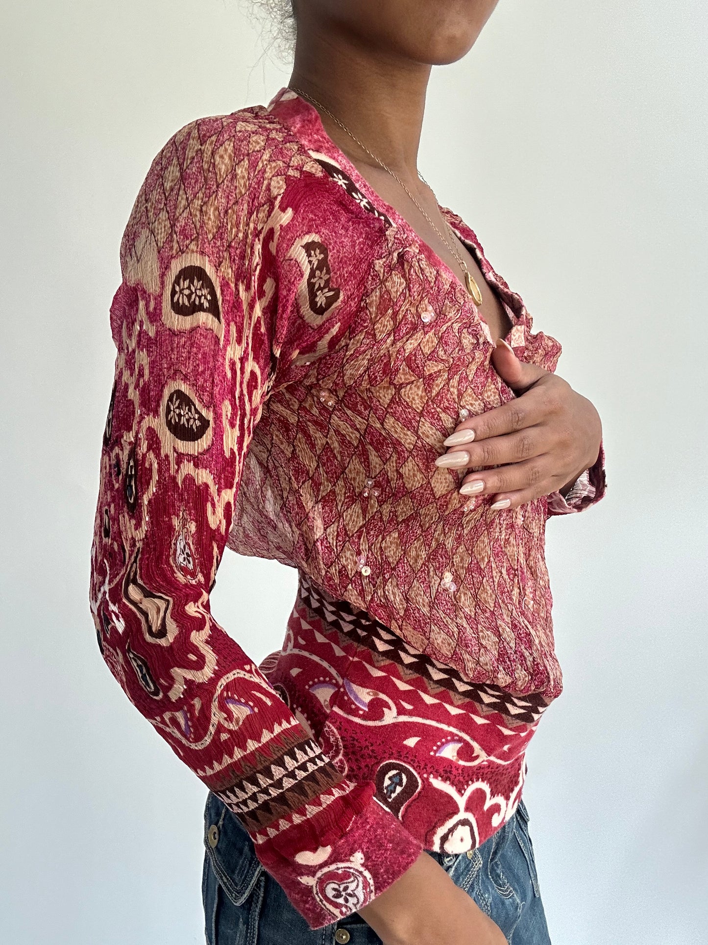 summermaxxing drop | medium pink sheer patterned long sleeve top