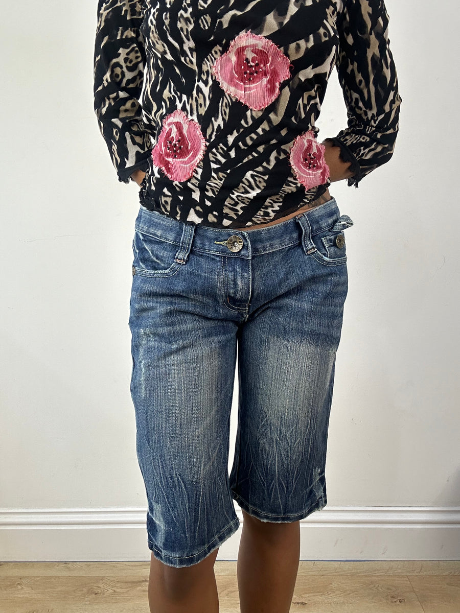 💻vintage edit eighteen | small blue denim embroidered shorts / capris