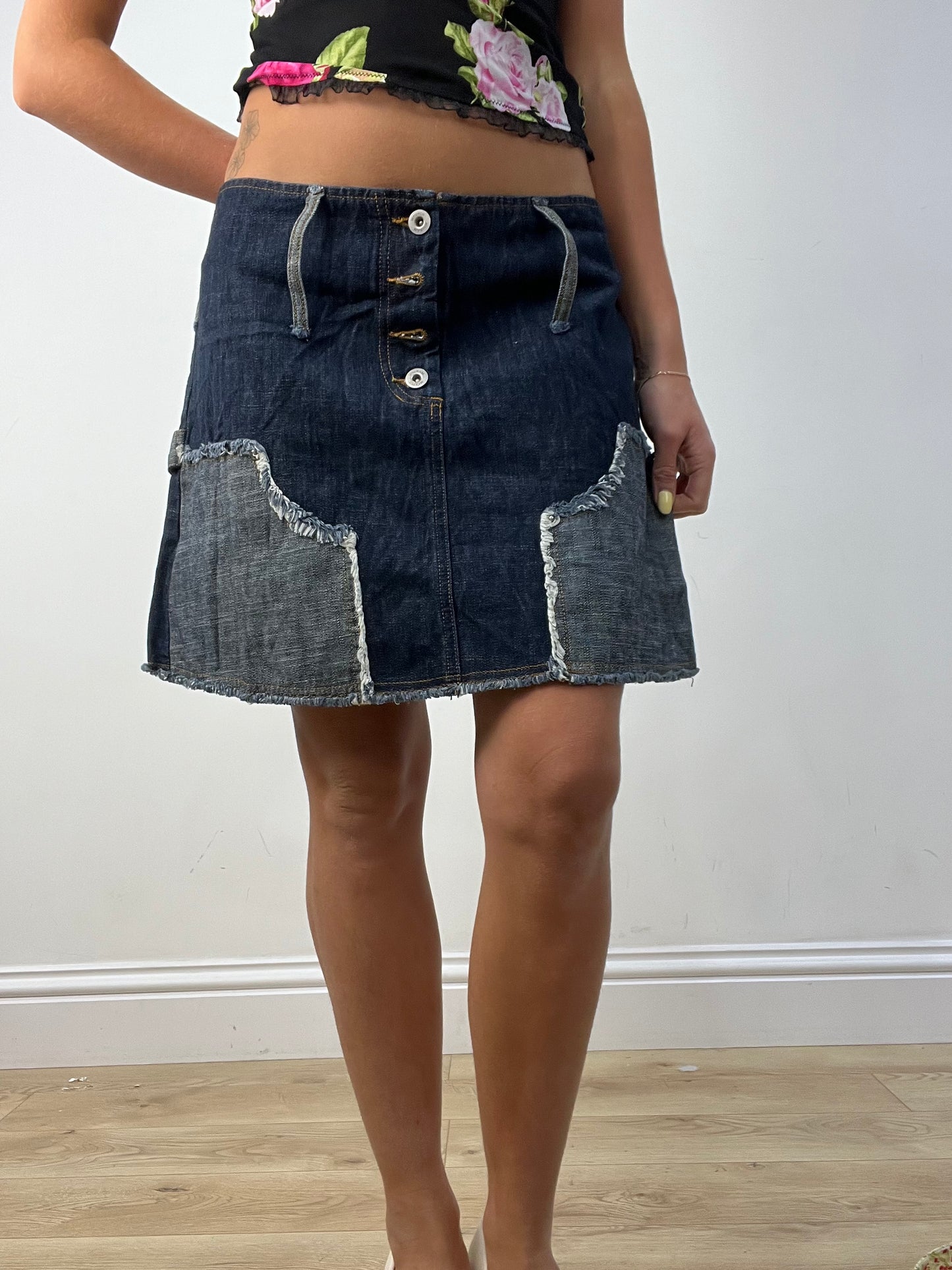 vintage edit twelve | medium dark wash patchwork style denim skirt