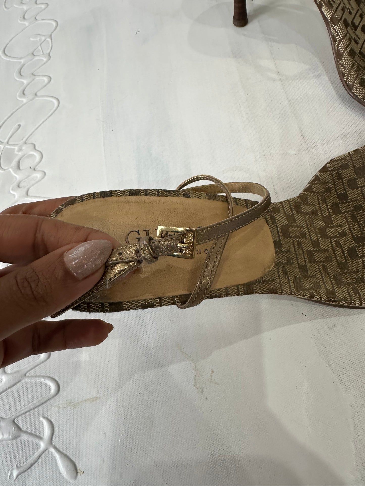 vintage edit thirty-three | UK6.5 brown guess strappy heels with monogram print