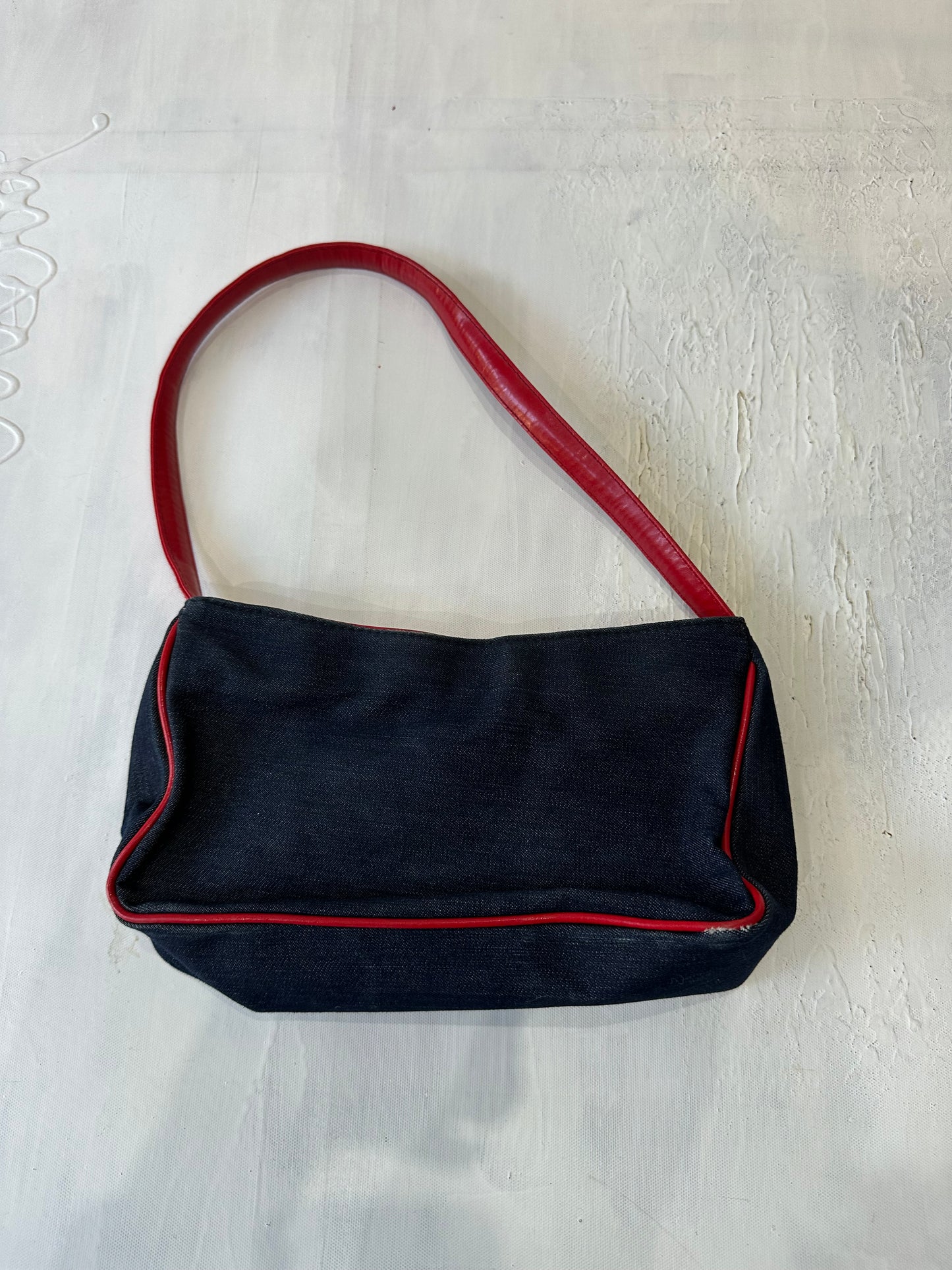 BEST PICKS | blue denim mini shoulder bag with red piping