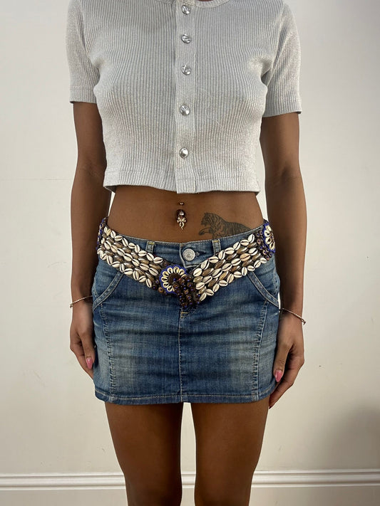 🐚 #52 white and brown shell belt with blue beading