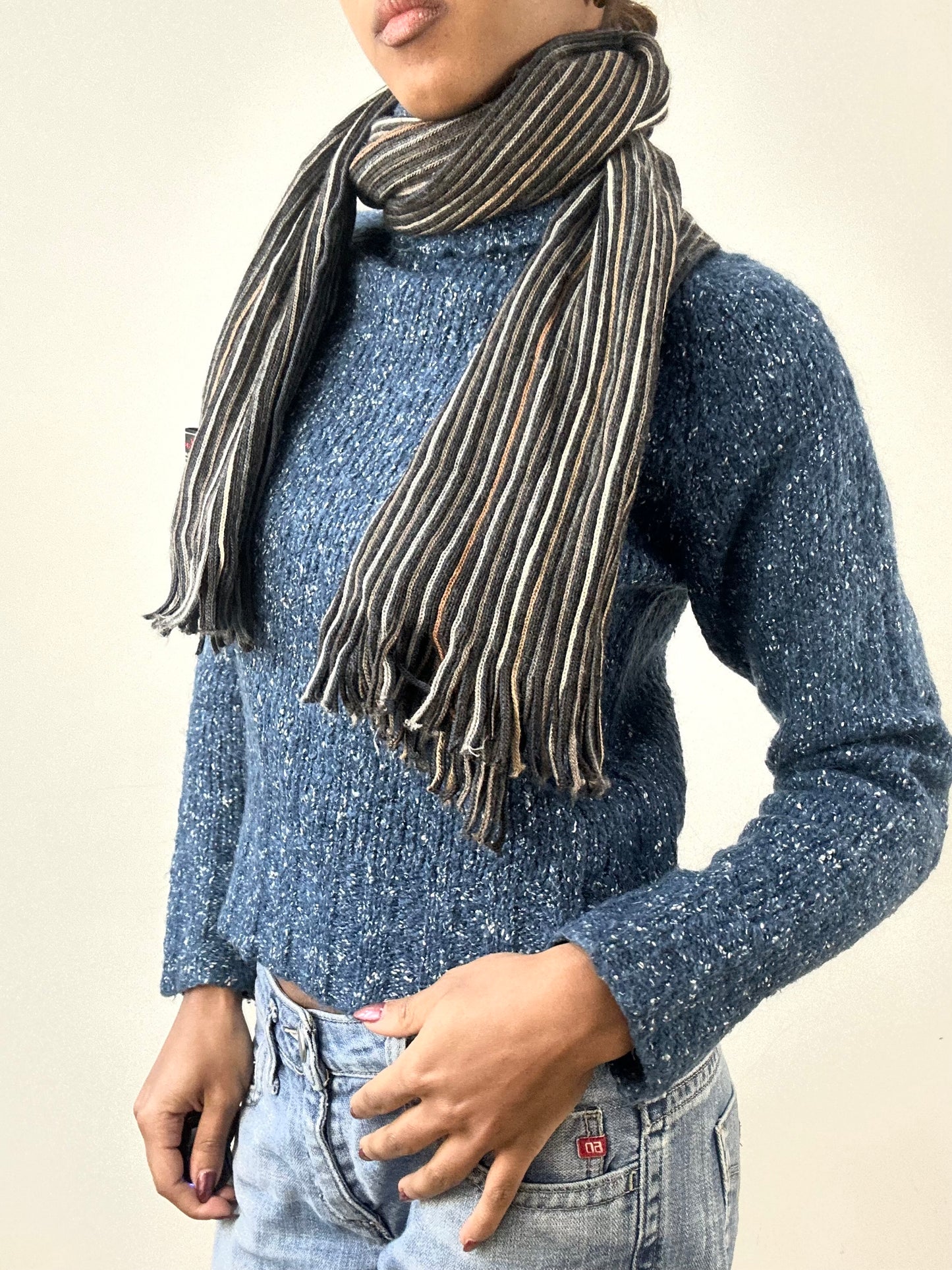 winter edit | grey and tan striped knit tassel scarf
