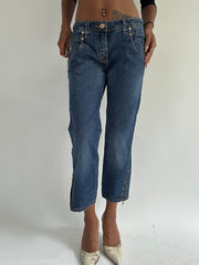 euro trash | medium blue denim cropped jeans with gold zebra detail pockets
