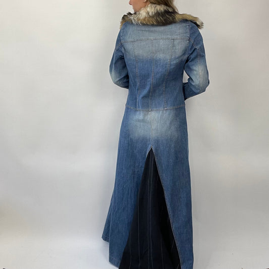 💻💚 POSH AND BECKS DROP | denim longline coat with fur trim and pinstripe back detail