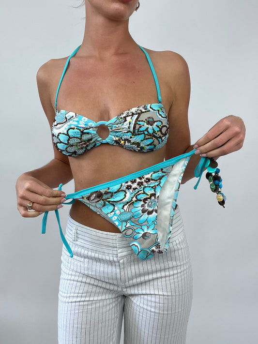 PALM BEACH DROP | small blue and white halterneck floral bikini with beaded attachment