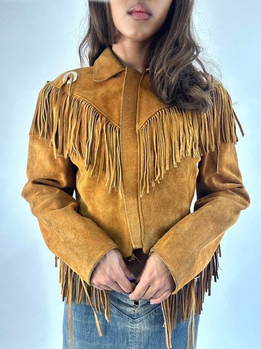 BEST PICKS | small tan suede fringe cropped jacket