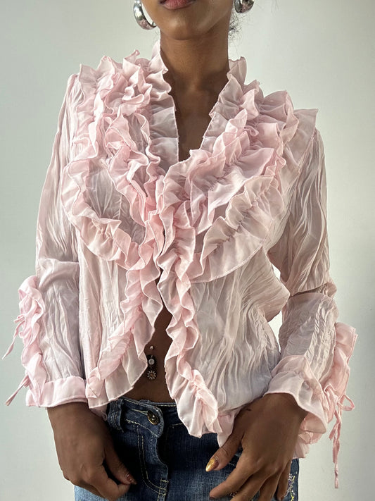 LFW edit | medium pink long sleeve shirt with ruffle details