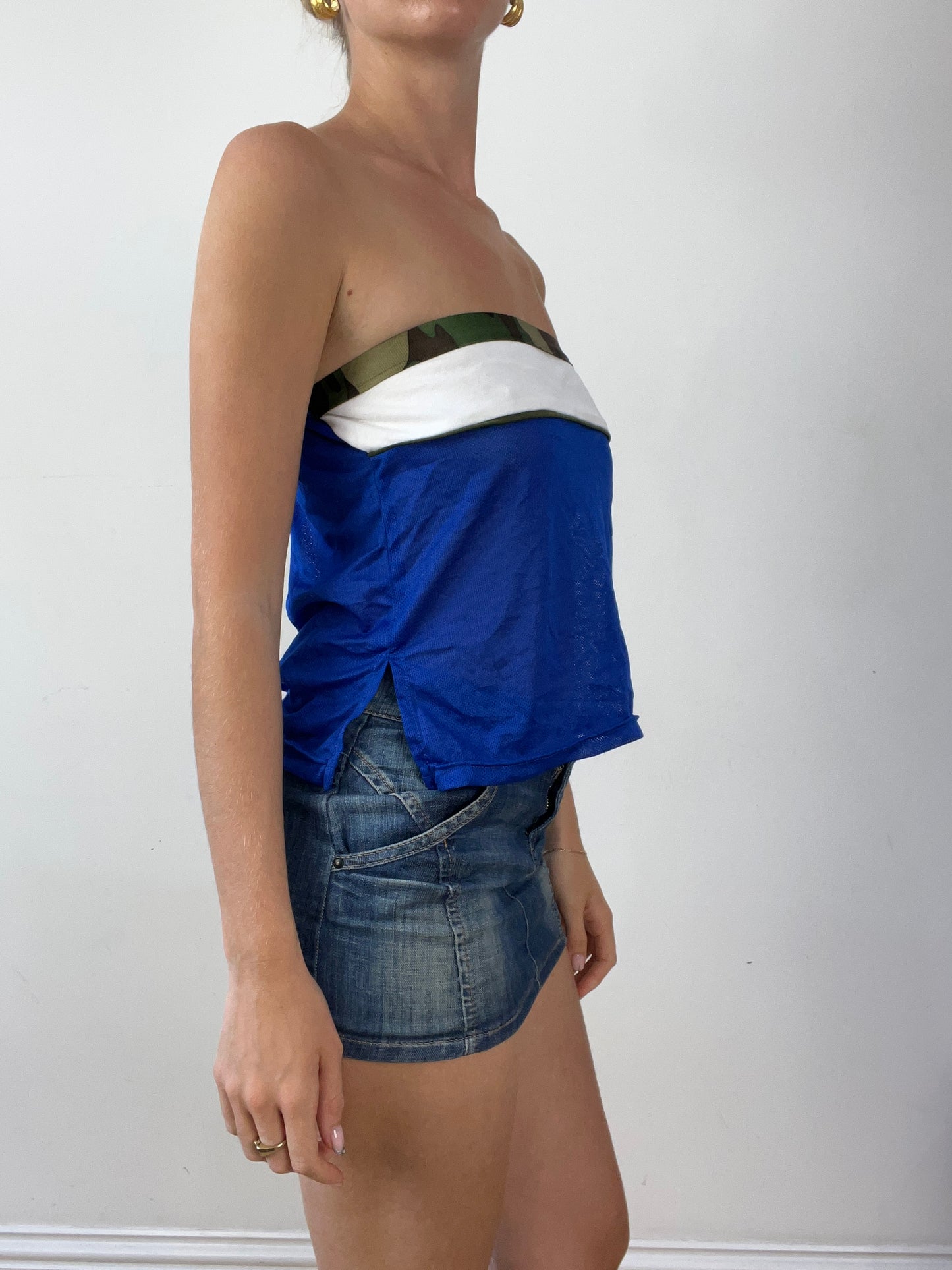 💻‼️ super cute blue fishnet bandeau with camo detail