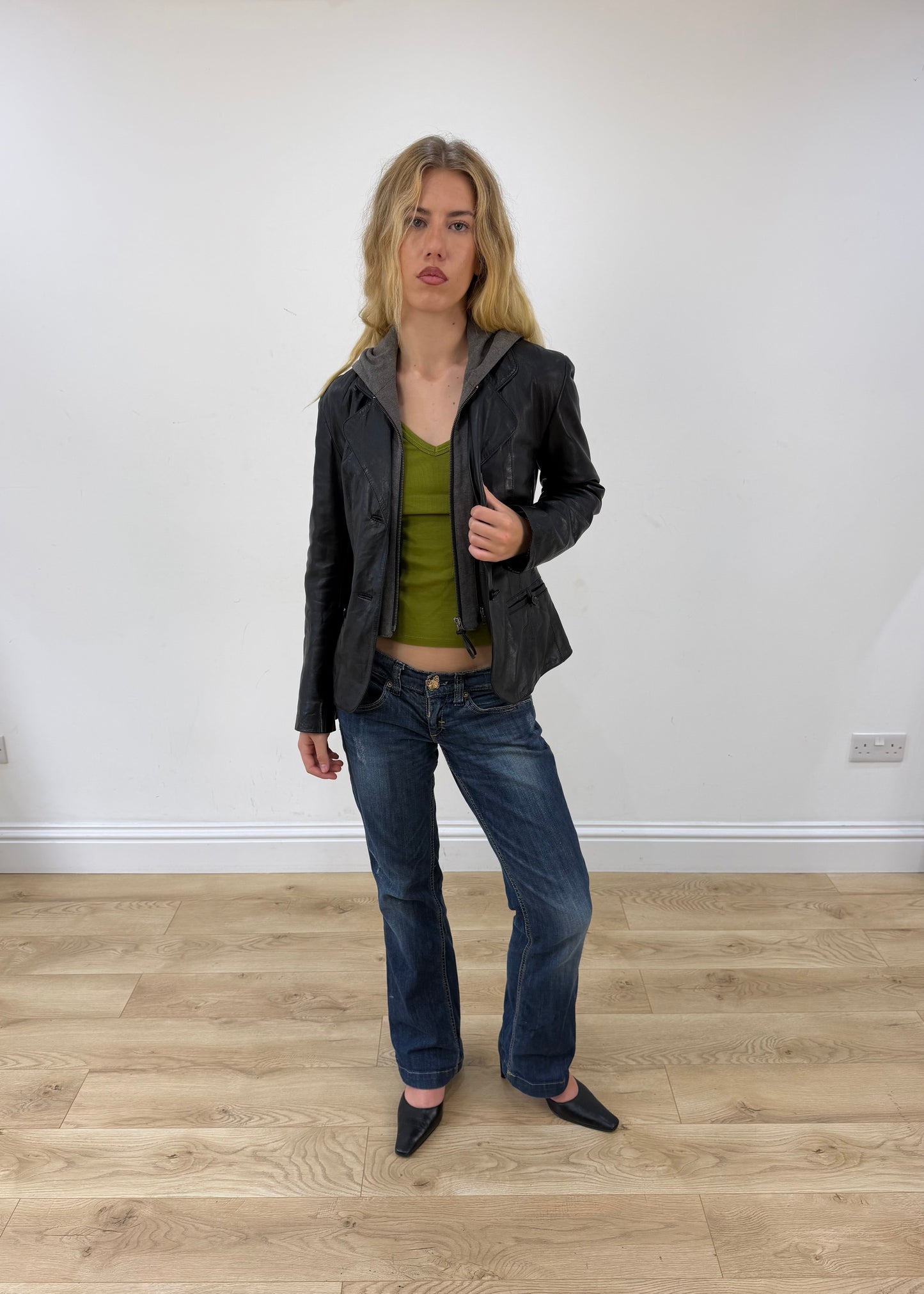 small black leather jacket with built in hoodie