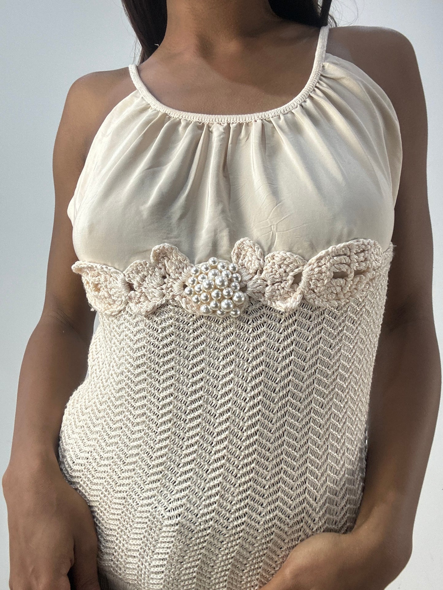 BEST PICKS | small beige knit cami top with pearl details