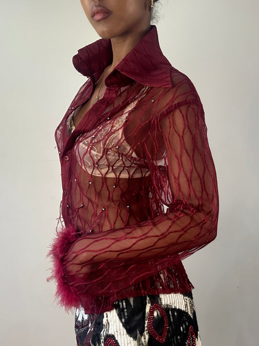 vintage edit twenty-one | medium red sheer feather button up top