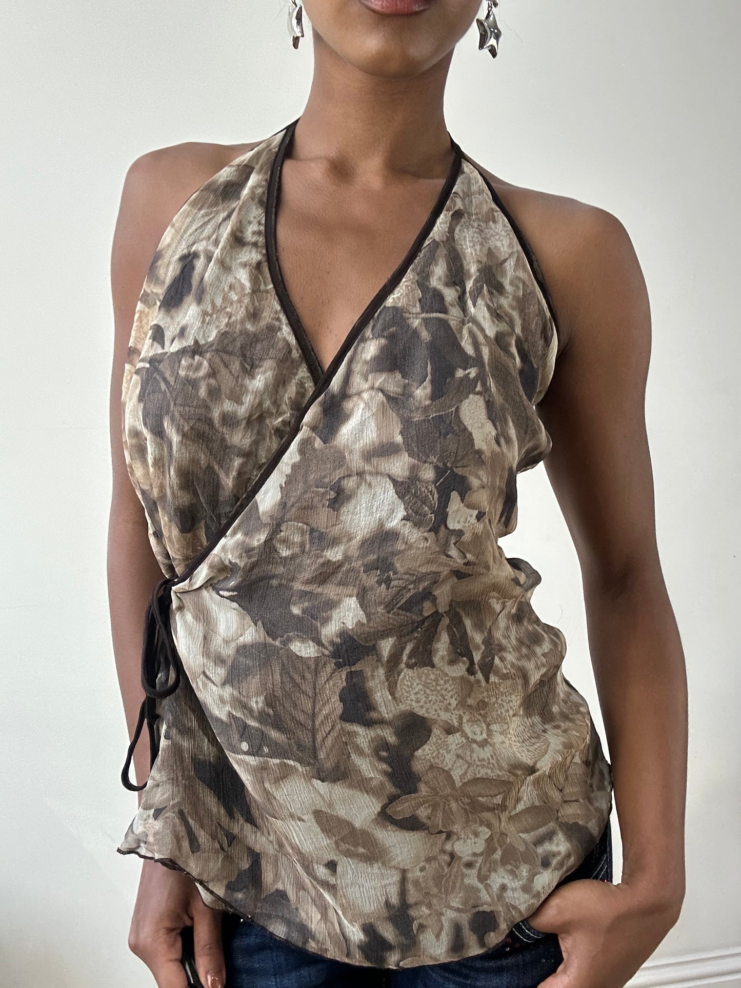 BEST PICKS | small brown halterneck wrap top with floral print