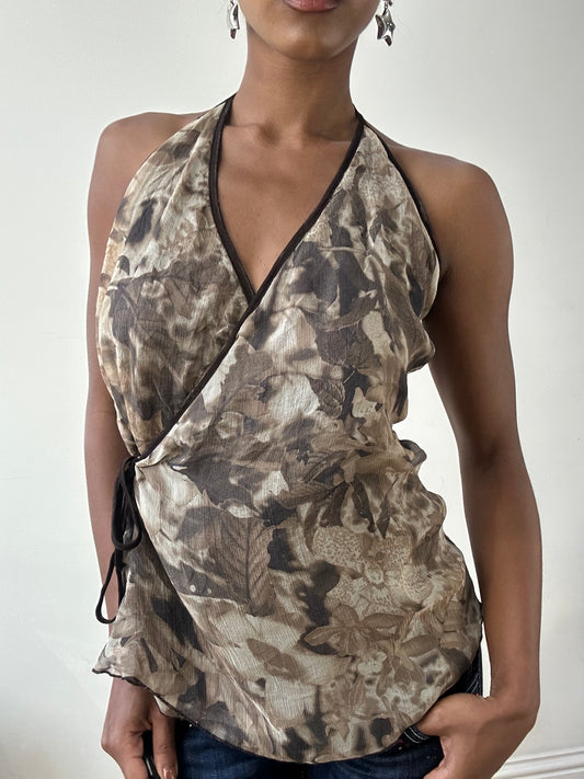 BEST PICKS | small brown halterneck wrap top with floral print