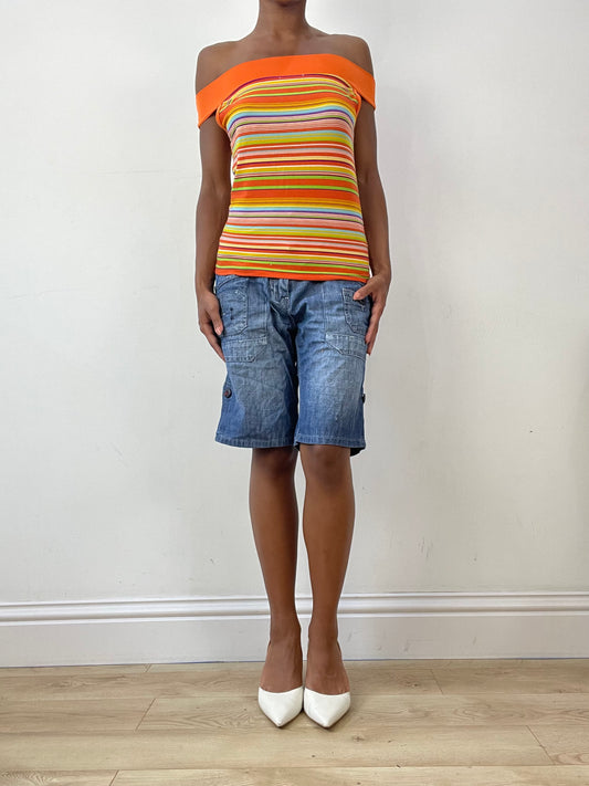 vintage edit twenty-six | small orange multicoloured off the shoulder top with stripes