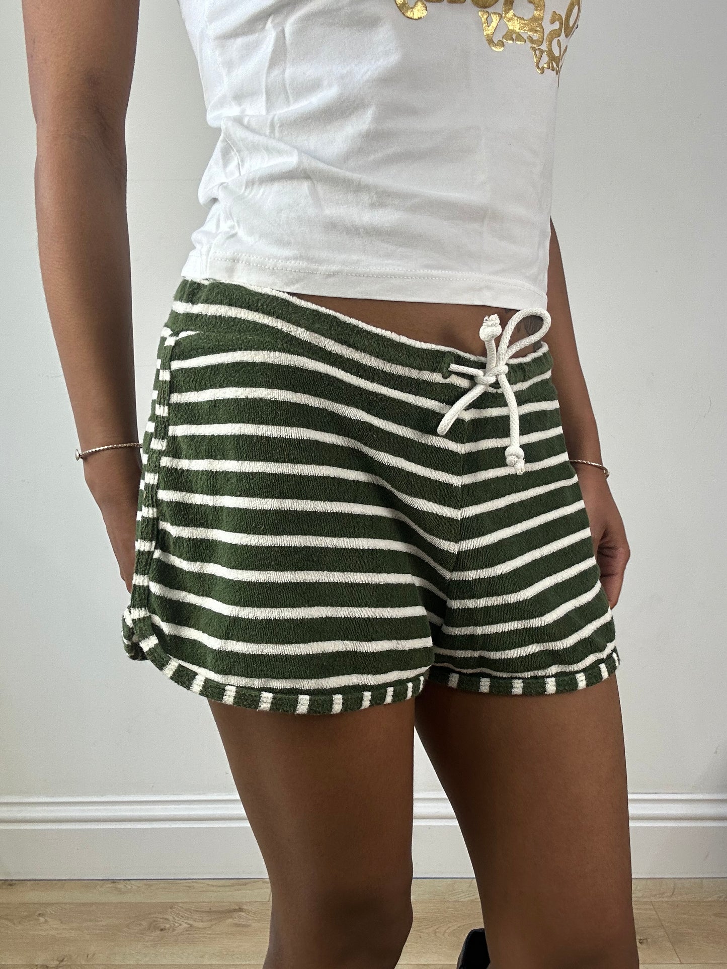 vintage edit eighteen | medium green and white stripy towelling shorts