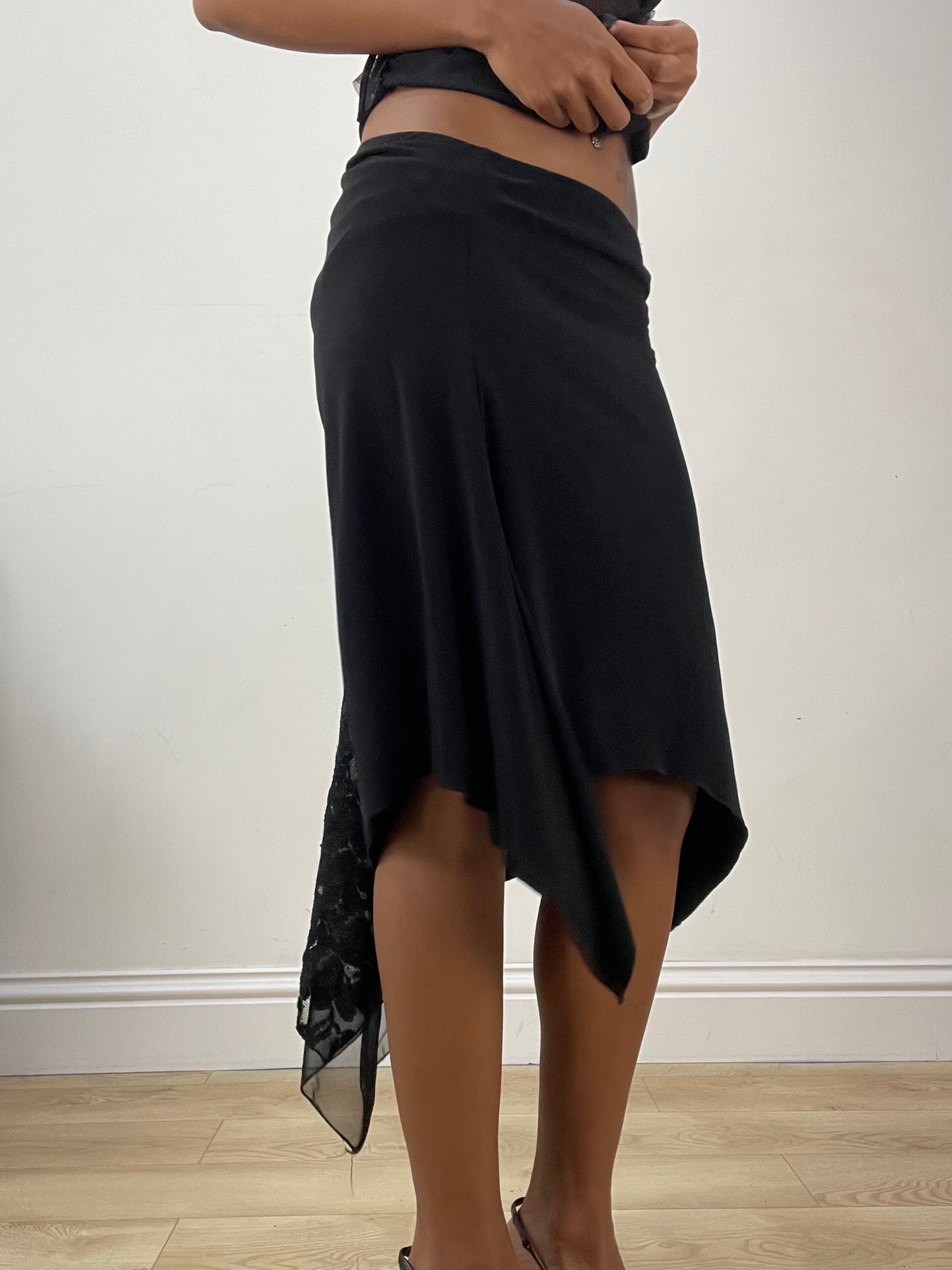 vintage edit: halloween | small black asymmetric midi skirt with lace detail