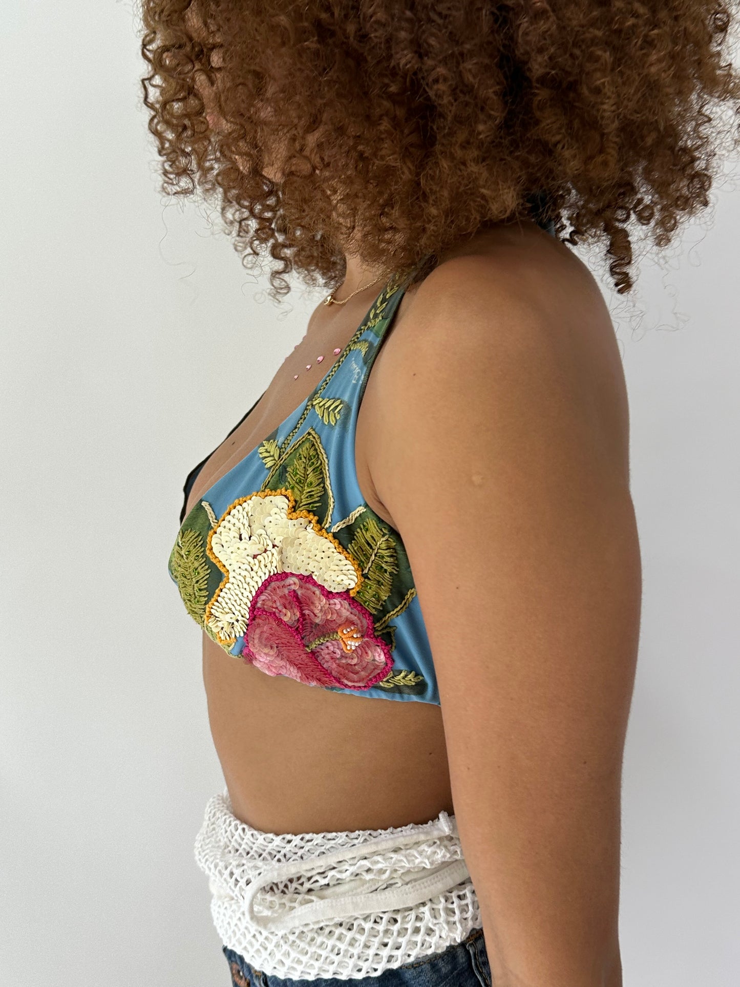 festival drop | medium/large blue floral sequin bikini top